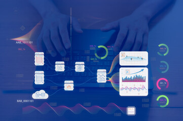 Businessman analyst uses a computer AI artificial intelligence and dashboard for data business analysis and Data Management System with KPI and metrics connected to the database for technology finance