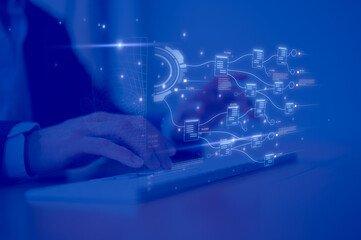 Businessman typing on laptop computer keyboard working with Document management system with AI technology, online documentation database and digital file storage system software