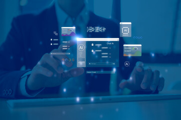 Businessman typing on laptop computer keyboard using AI agents on digital interface to automate content generation, advertising, and smart communication. artificial intelligence, marketing technology