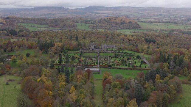 Aerial view of Drummond Castle Gardens located in Scotland