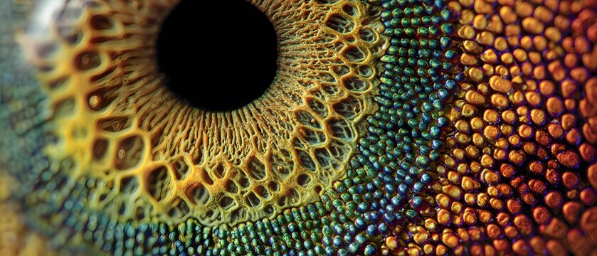 Extreme close-up of a chameleon's eye reveals intricate patterns and colors.