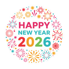 Festive new year 2026 celebration with vibrant fireworks isolated on transparent background