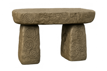 Ancient carved stone dolmen on transparent background, featuring prehistoric spiral and anthropomorphic symbols