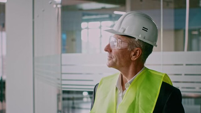 A senior man in a yellow safety vest and hard hat engages in observation at a modern office setting. He displays professionalism and attentiveness while considering business operations.