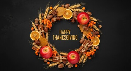 Happy thanksgiving wreath with apples, oranges, wheat, nuts, pinecones, and spices on a black background