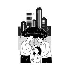 Illustration of two men holding an umbrella over a child in a city.