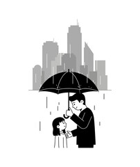 A man and a child sheltering under an umbrella in the rain, with a city skyline in the background.