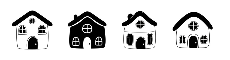 Four cartoon houses in a row, two white and two black, with round windows and doors.