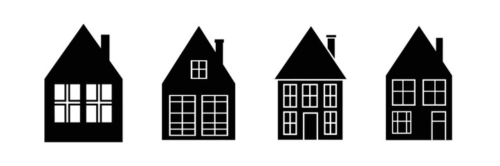A set of four black silhouette icons of traditional houses with gabled roofs and chimneys, isolated on a white background.
