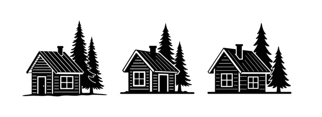 Three black and white illustrations of cabins with pine trees next to them.