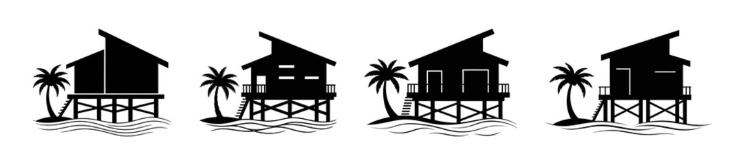 A row of four silhouetted stilt houses with palm trees and shadows on a beach.