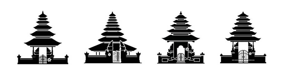 A set of four black and white silhouette icons representing traditional Balinese temples, each with tiered roofs and intricate architectural details.