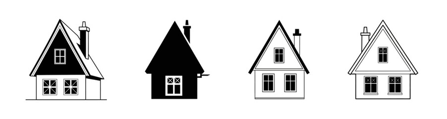 Four different house illustrations, each with a unique design and chimney, showcasing architectural variety.