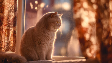 A fluffy British Shorthair cat sits on a windowsill with warm sunlight filtering through the curtains, bokeh dust particles in the air.