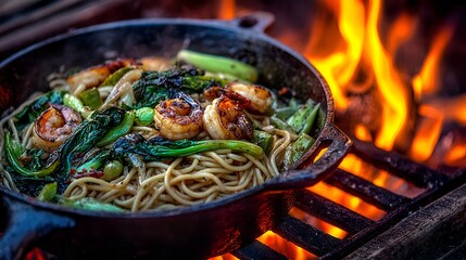 Delicious shrimp and noodle stir fry is cooked in a cast iron skillet over an open fire outdoors grill.