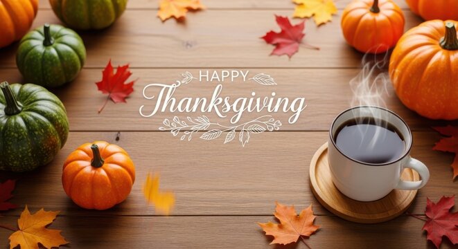 Happy thanksgiving text on a wooden table with pumpkins, autumn leaves, and a steaming cup of coffee