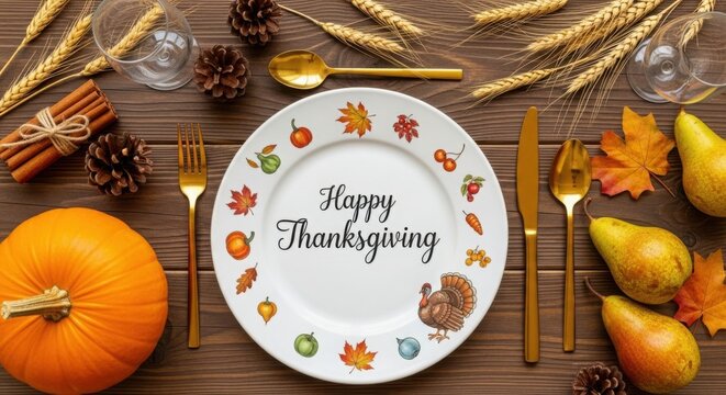 Happy thanksgiving table setting with pumpkin, pear, cutlery, and wheat ears on a rustic wooden background