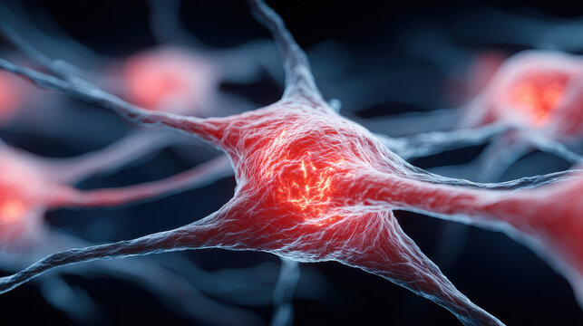 Close-up view of glowing red neuron cells with branching dendrites and axons under a microscope on a dark blue background showing neural network connections in the brain