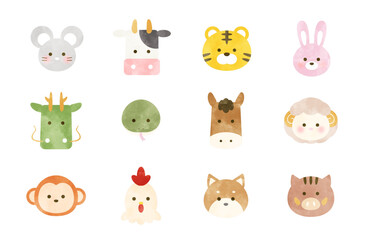 干支の動物のイラストセット（水彩風）