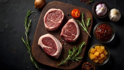 Raw steak cuts with herbs, spices, and sauces on rustic dark background
