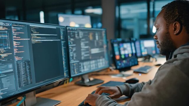 Closeup of a programmer integrating microservices using cloud platforms and container technologies on multiple screens.