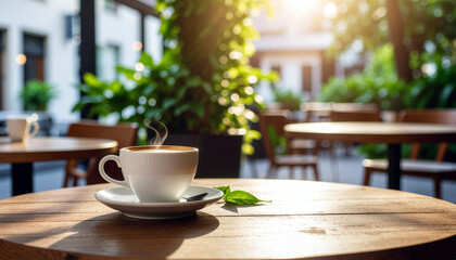 Enjoy a steaming cup of coffee on a sun-drenched patio, perfect for a relaxing morning or productive work session in a charming outdoor setting