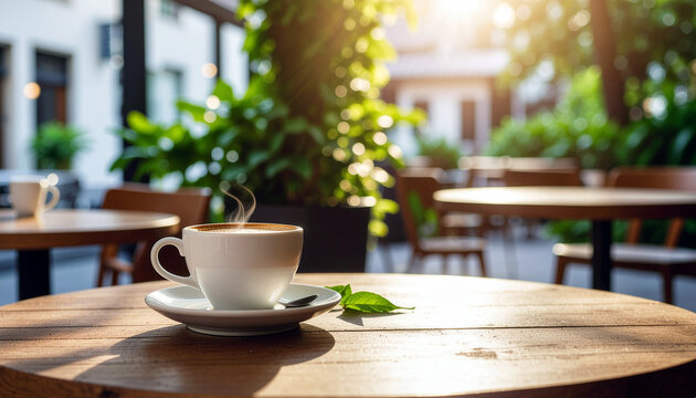 Enjoy a steaming cup of coffee on a sun-drenched patio, perfect for a relaxing morning or productive work session in a charming outdoor setting