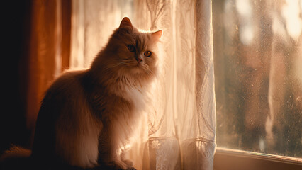 A fluffy British Shorthair cat sits on a windowsill with warm sunlight filtering through the curtains, bokeh dust particles in the air.