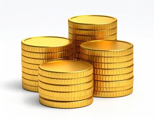 Four stacks of shiny golden coins isolated on white