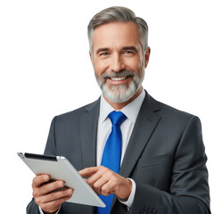 Smiling businessman with tablet isolated on transparent background