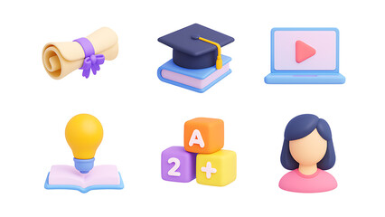 Education themed 3d objects, graduation cap, and books for school, college, university, learning, online courses, knowledge, graduation ceremonies.