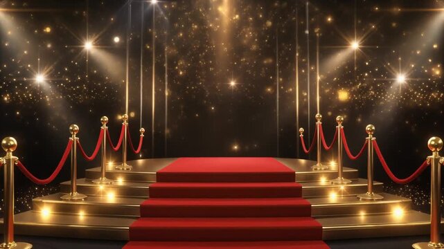 Red carpet stairs and stage illuminated by bright spotlights with sparkling golden particles, creating glamorous and festive atmosphere on dark background for event celebration