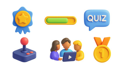 Six icons representing quizzes, education, and digital teamwork, suitable for educational websites, online platforms, elearning resources, and presentation slides.