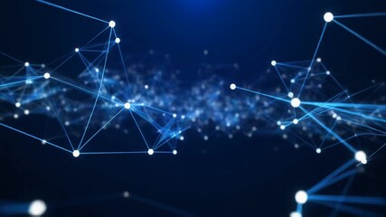 Abstract digital network structure with glowing nodes and connecting lines on a dark blue background - Powered by Adobe