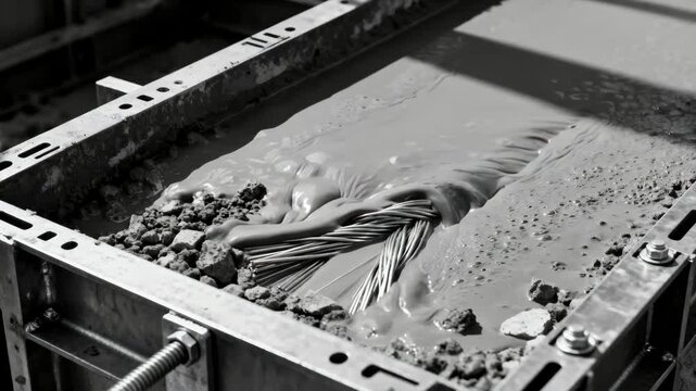 Closeup medium shot of fiberreinforced concrete being poured into a foundation mold emphasizing durability and modern construction techniques.