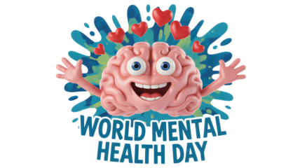 Happy cartoon brain character celebrating world mental health day with colorful splashes and positive emotions isolated on transparent background