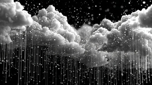 A cloud rains streams of 1s and 0s, creating a hyperrealistic digital flow that symbolizes data, information, and the virtual world in motion.