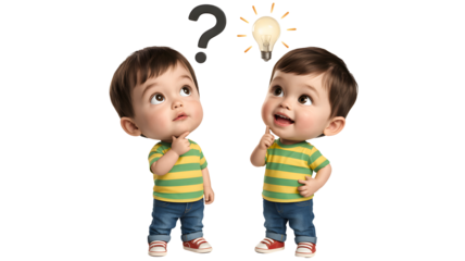Two cartoon children with big heads looking up in thought with a question mark and a light bulb symbolizing an idea isolated on transparent background