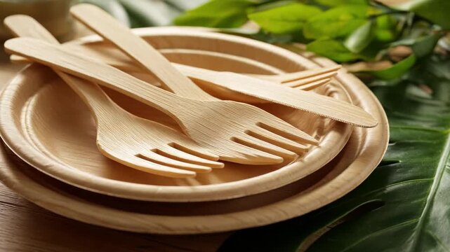 Closeup of compostable serviceware set on a catering table highlighting biodegradable forks knives and plates in a professional event environment.