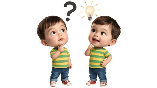 Two cartoon children with big heads looking up in thought with a question mark and a light bulb symbolizing an idea isolated on transparent background