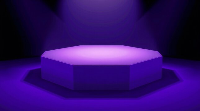 Illuminated hexagonal stage platform with spotlight in purple light - Powered by Adobe