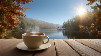 Coffee cup on a wooden table by autumn lake. The coffee is steaming and the cup is placed on a saucer. The view of the lake is serene and peaceful