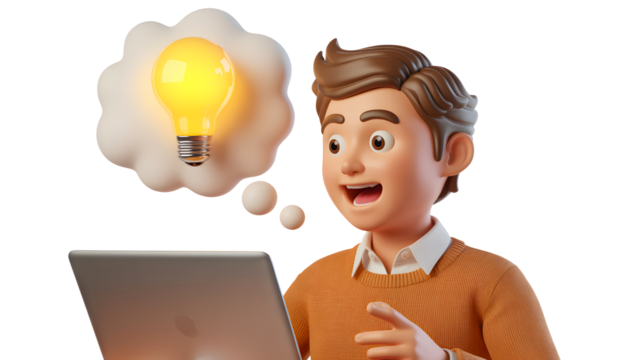 Excited cartoon man with a bright idea light bulb in a thought bubble above his head while using a laptop isolated on transparent background