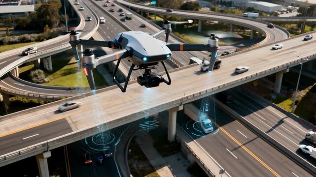 Dynamic medium shot of a drone inspecting a complex multilane interchange highlighting realtime surface condition monitoring and automated reporting.