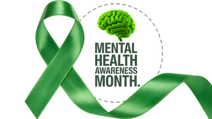 Green ribbon and brain graphic symbolizing mental health awareness month with text isolated on transparent background
