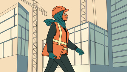 An illustration of a woman in a hijab, hard hat, and safety vest walking past a construction site with buildings and cranes.