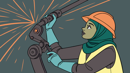 A woman in a hijab and hard hat operates a sparking robotic arm in an industrial setting.