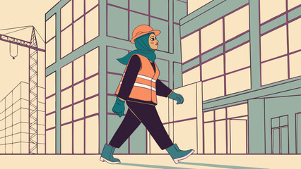 A woman in a hijab, hard hat, and high-visibility vest walks past modern buildings and a construction site.