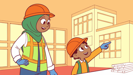Two cartoon characters, an adult woman and a child, wearing hard hats and safety vests on a construction site, with the child pointing.