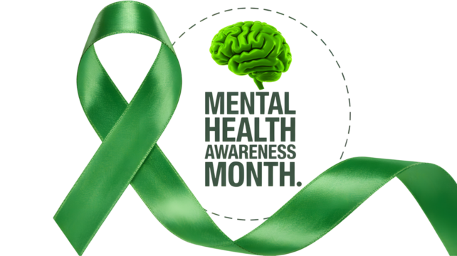 Green ribbon and brain graphic symbolizing mental health awareness month with text isolated on transparent background - Powered by Adobe